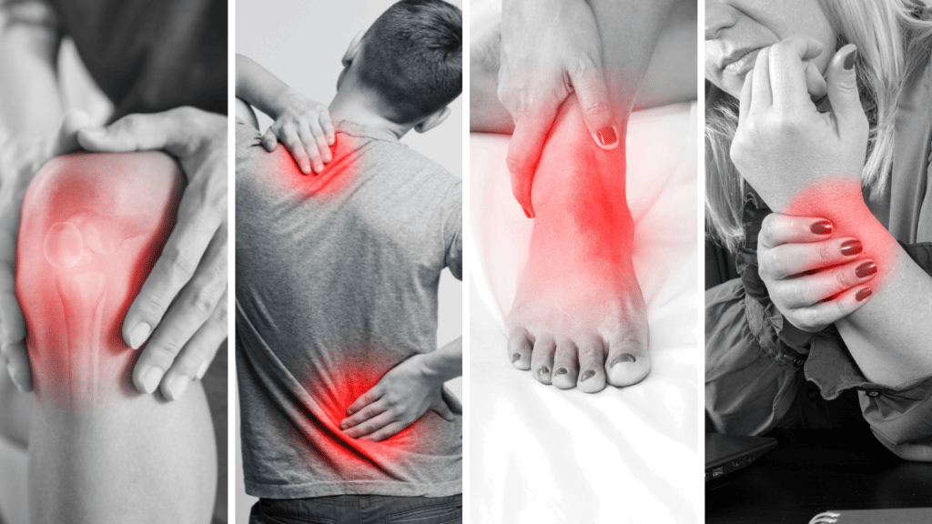 Person holding their knee in pain, person holding their back and shoulder in pain, person holding their ankle in pain, and person holding their wrist in pain