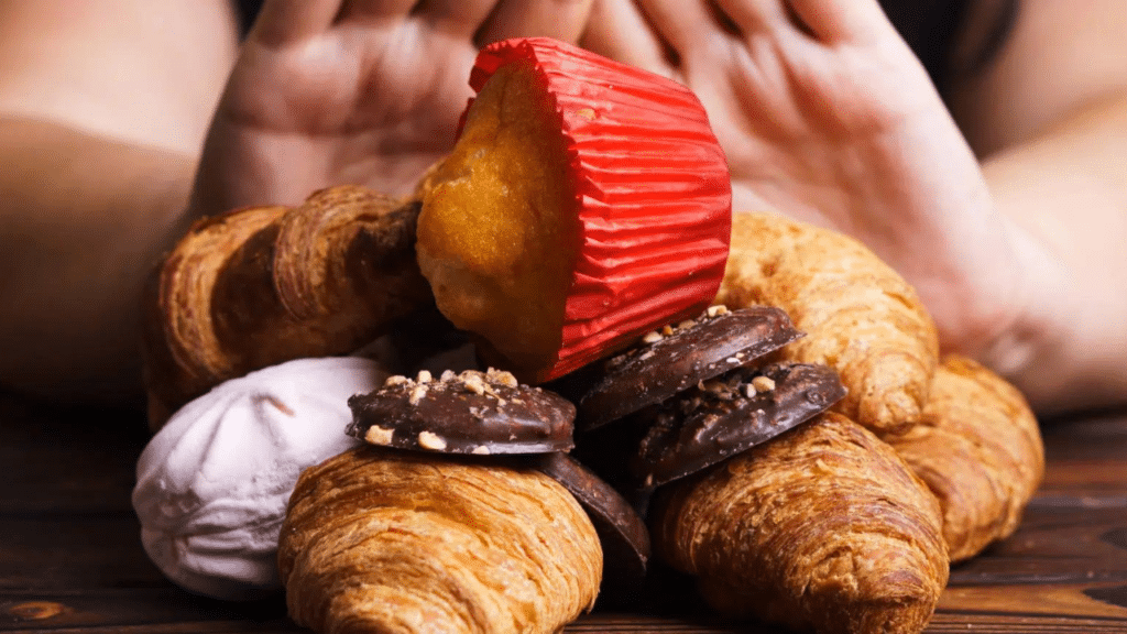 Hands pushing away sweet treats
