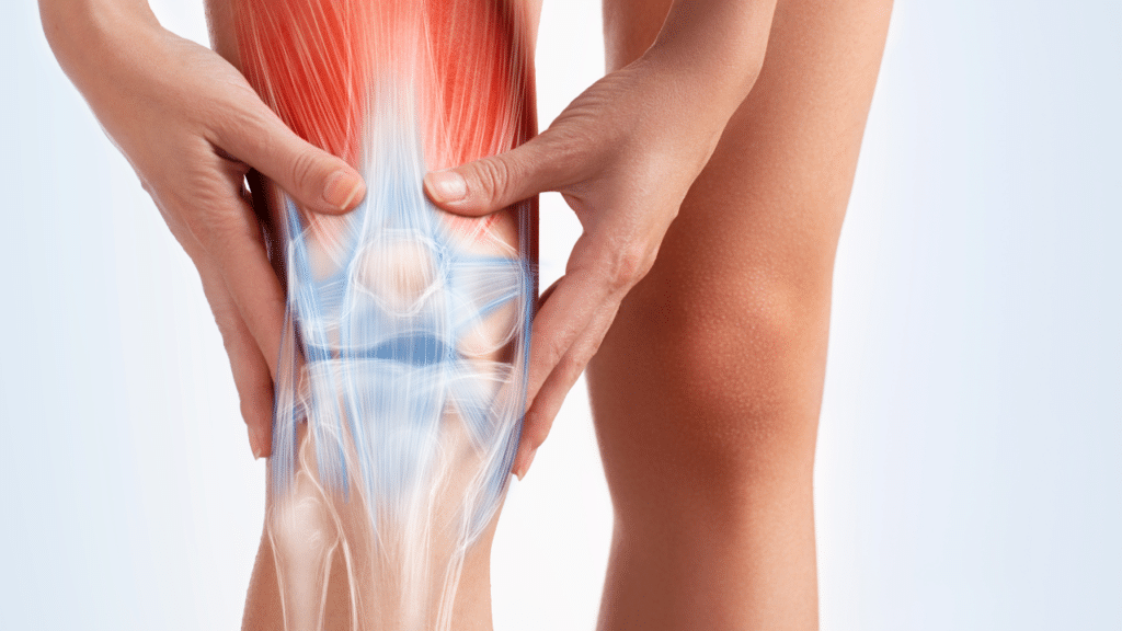 Person holds knee in pain from arthritis, showing a diagram of the knee