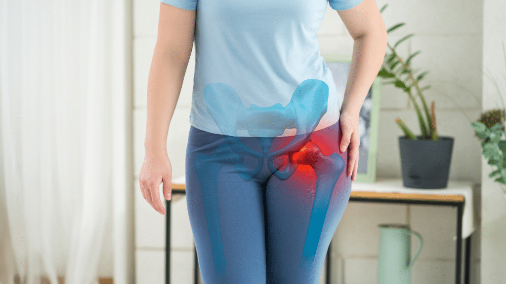 Woman holds hip in pain, wondering Why Women Are More Prone to Hip Pain