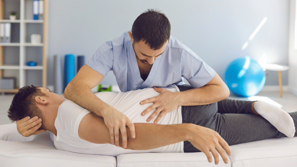 Physical therapist demonstrates Exercises of Physical Therapy vs. Manual Therapy
