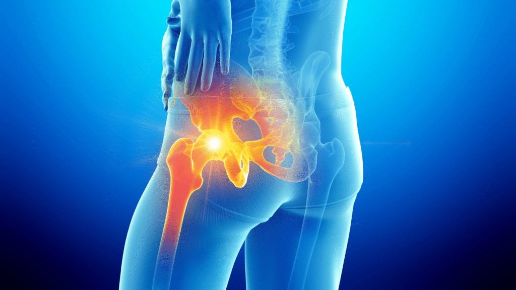 Cortisol Is Wrecking Your Hip Muscles Demonstrated by person holding their hip and it is highlighted red in pain