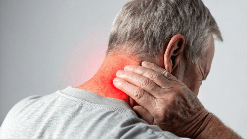 Man holds neck in pain wondering about Could Your Shoulder Blade Pain Be A Cervical Disc Herniation?