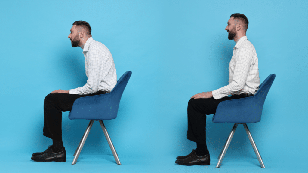 Man demonstrates different seated postures as related to Shoulder Blade Pain and Postural Syndrome