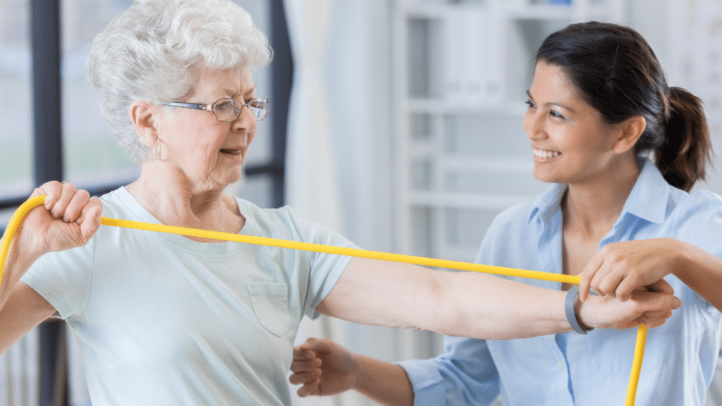 Woman works on arm strength as part of in-home physical therapy in Wooten, TX