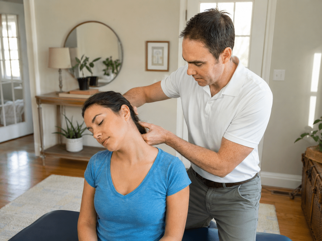 Austin physical therapist examines a patient's neck in Texas