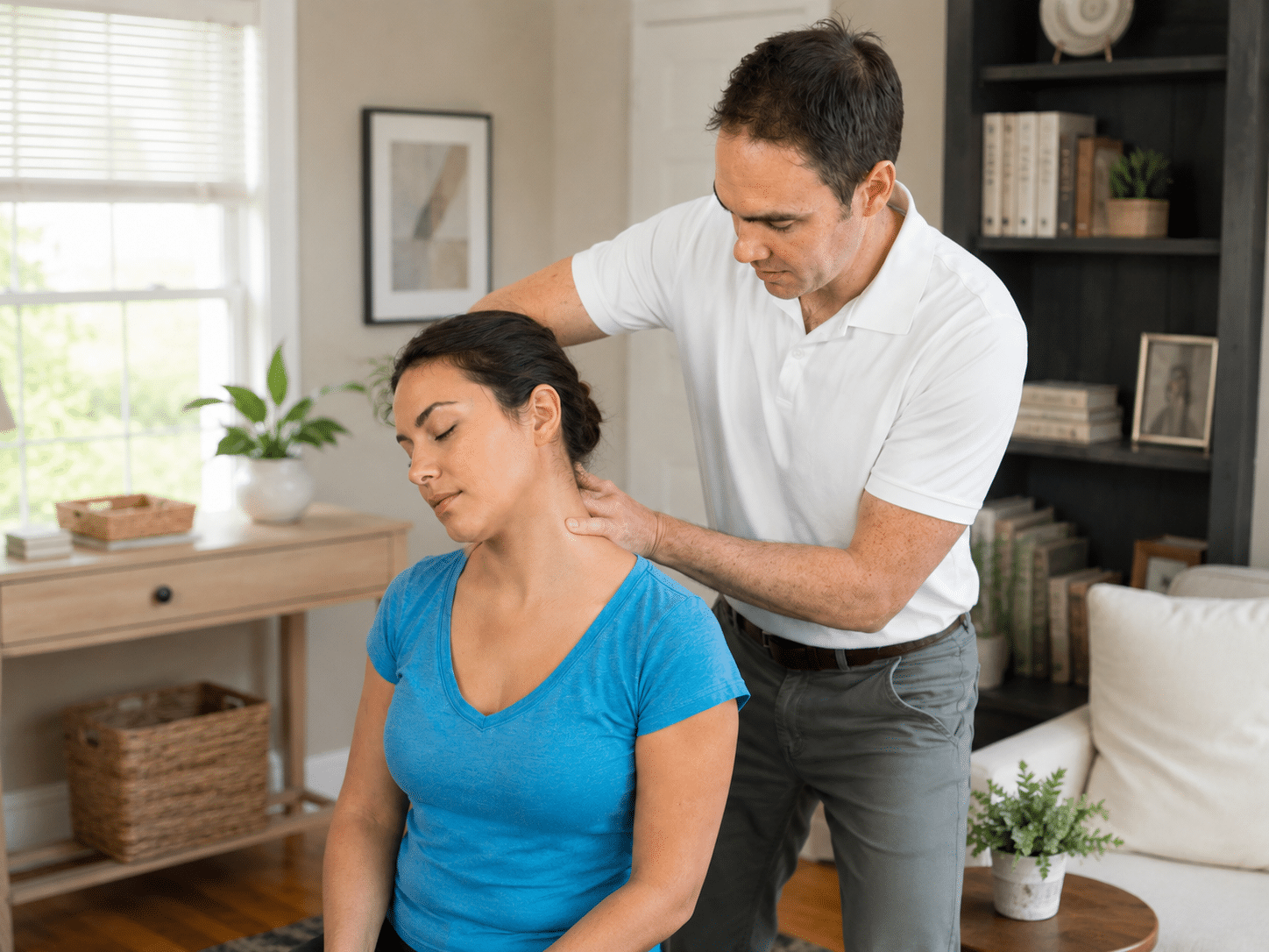 Austin PT examines neck of patient dealing with neck pain in Austin, Texas