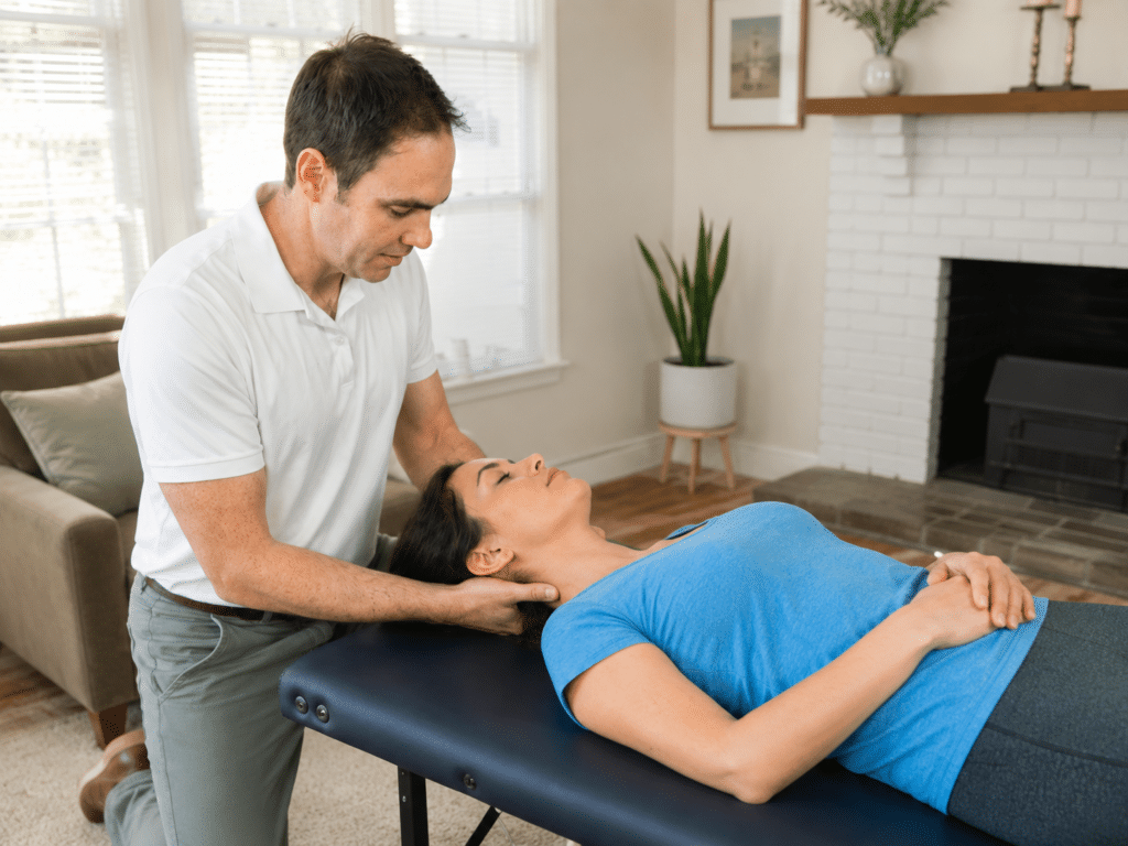 Physical therapist helps patient with neck pain in Austin, TX