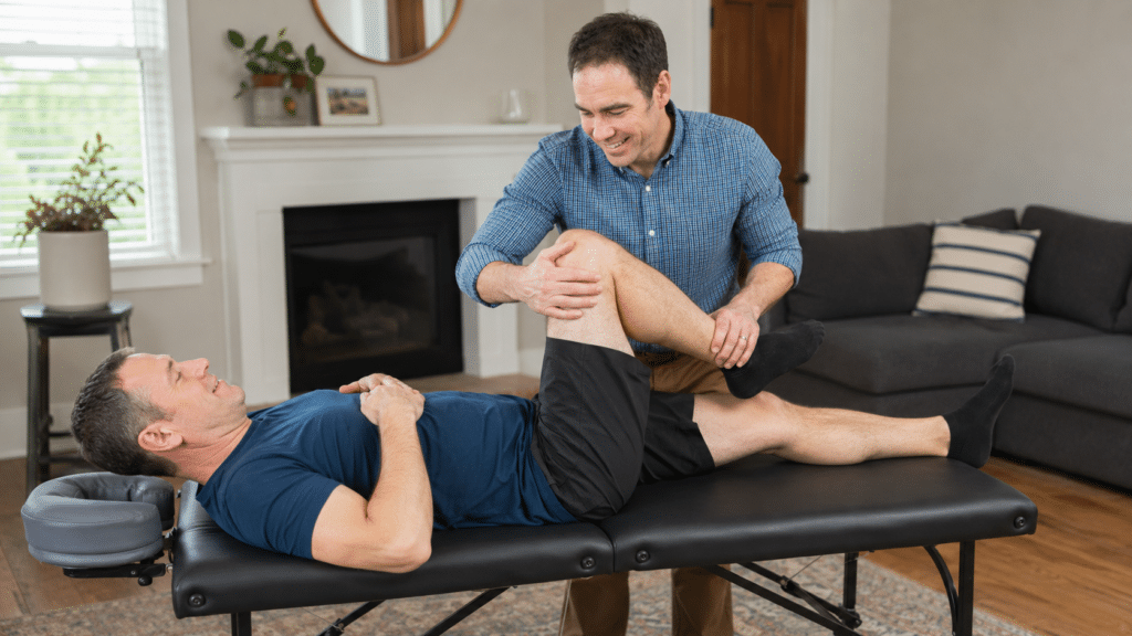 pt assess range of motion of legs and knees as part of Hip Pain Physical Therapy in Austin, TX
