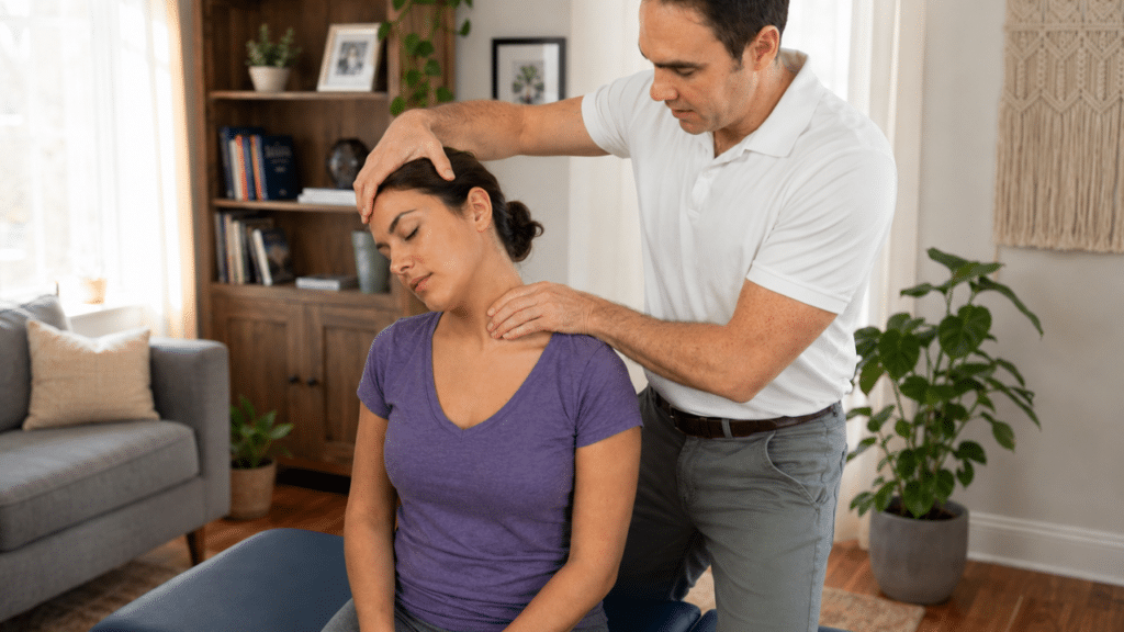 pt helps patient with neck pain with in-home physical therapy parker lane, tx