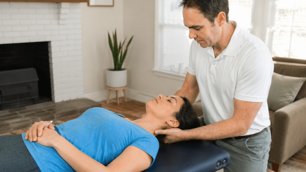 PT Eric Finger helps patient with neck pain as part of Care Built Around Your Goals With In-Home Physical Therapy in Zilker