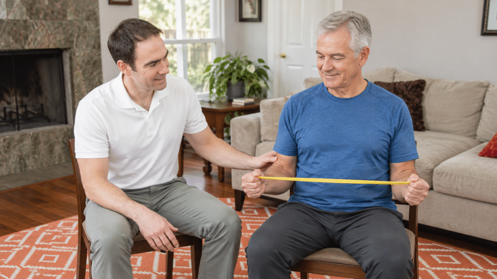 Eric Fingers uses an exercise band to help a patient with Shoulder Pain Physical Therapy in Austin, TX